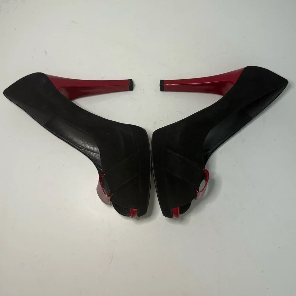 STUART WEITZMAN Puente Black Suede Red Leather Peep-Toe Platform Heels Size 9.5